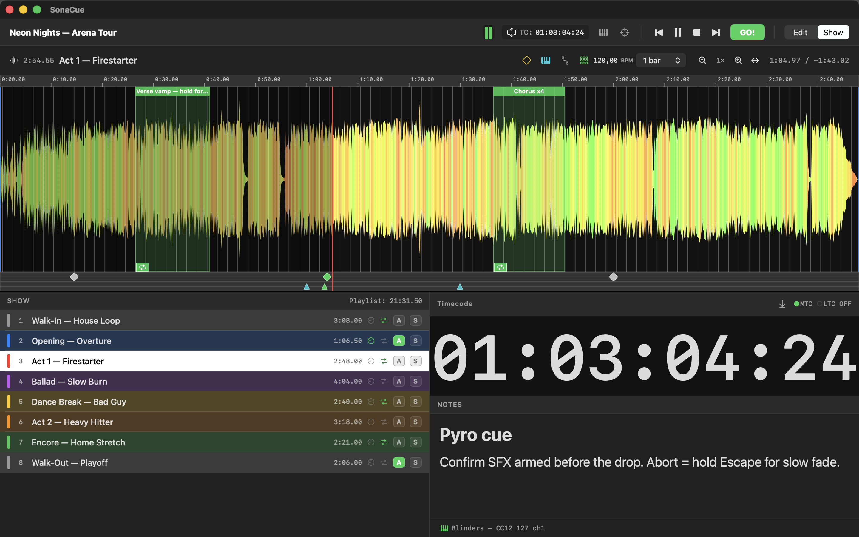 SonaCue running a show: locked Show mode with spectral waveform coloring, the level meter active, a large timecode readout with MTC status, the cue note 'Pyro cue — Confirm SFX armed before the drop', and the last MIDI trigger fired