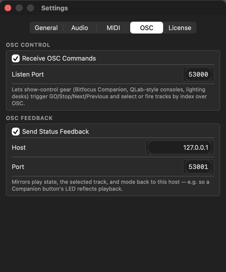 SonaCue's OSC settings panel showing the Listen Port and status feedback host/port