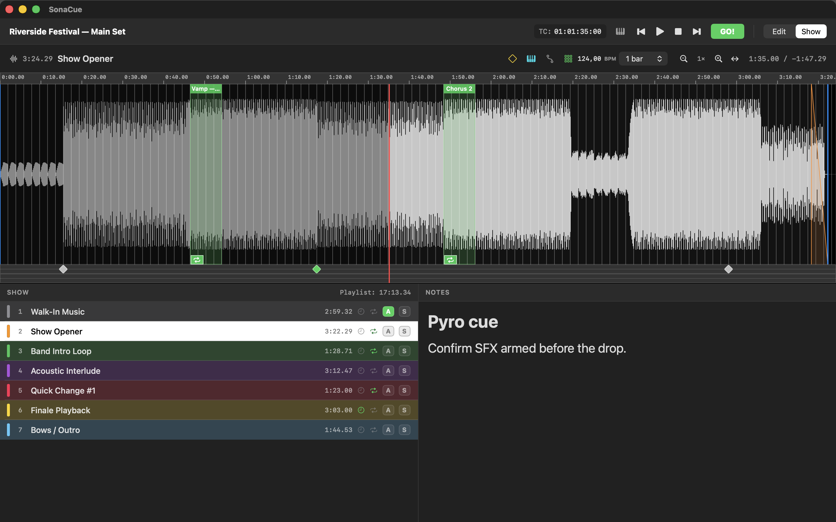 SonaCue in Show mode with a cue note displayed next to the running waveform